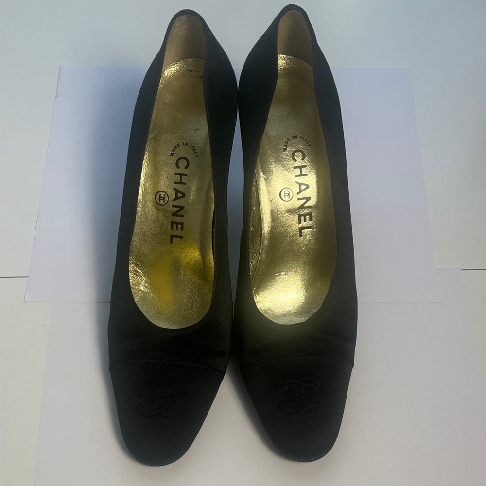 CHANEL Vintage CC Lovo Silk Black Pumps High Heel Shoes - Picture 7 of 15